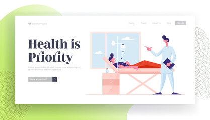 Obraz na płótnie Canvas Medical Check Up, Sick Man Recovery Process Website Landing Page. Doctor in Medical Robe Visiting Patient Lying with Dropper in Bed at Hospital Chamber Web Page Banner Cartoon Flat Vector Illustration