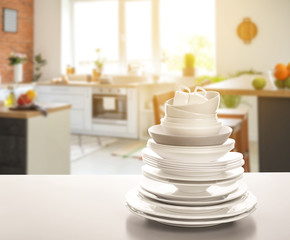 Set of clean tableware on white background