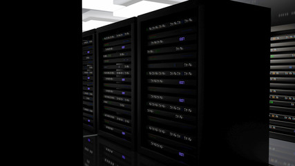 Server room data center. Backup, mining, hosting, mainframe, farm and computer rack with storage information. 3d render