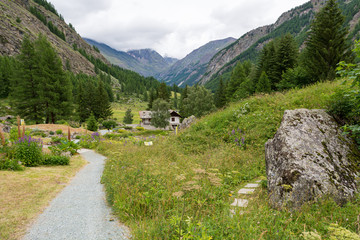 Fototapeta na wymiar Trail leading trough green mountain valley passing a house.
