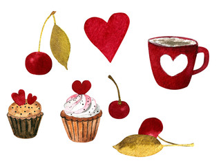 Objects and elements for Valentine's Day cards: heart, coffee, capcake, leaves, berries