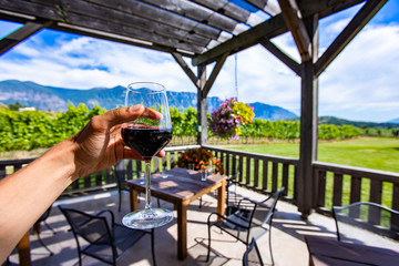 hand holding a glass of red wine selective focus view against outdoor wine tasting patio terrace,...