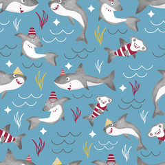 Vector seamless pattern background with funny sharks. 