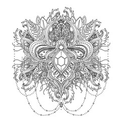 Vector ornamental design element, ethnic art, patterned Indian paisley. Hand drawn illustration. Invitation element. Tattoo, astrology, alchemy, boho and magic symbol. Black linework isolated on white