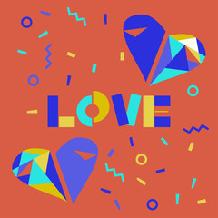 Love word hand drawn lettering, heart made of mosaic. Memphis background with geometric elements.  Vector illustration for greeting card, t-shirt, banner, poster, flyer.