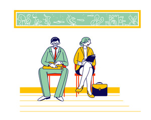 Recruitment, Job Interview Concept. Unemployed People Searching Job. Man and Woman Applicants with Cv Documents Sitting in Office Hallway Waiting Appointment Cartoon Flat Vector Illustration, Line Art