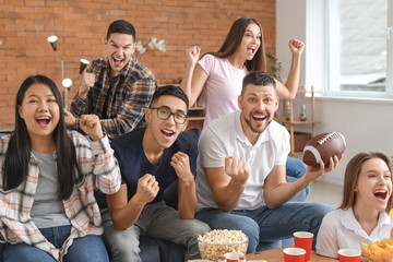 Group of fans watching rugby on TV