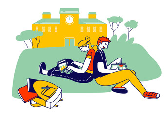Young Man and Woman Students with Gadget and Books Sitting on Grass at College Yard Background. Girl and Boy Classmates Getting Education in University. Cartoon Flat Vector Illustration, Line Art