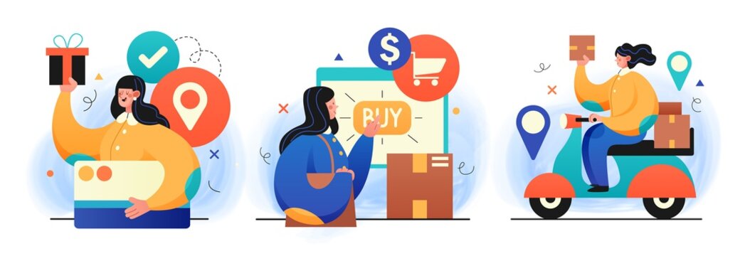 Online Shopping concept and delivery of goods through online form illustrations. Perfect for web design, banner, mobile app, landing page. Vector