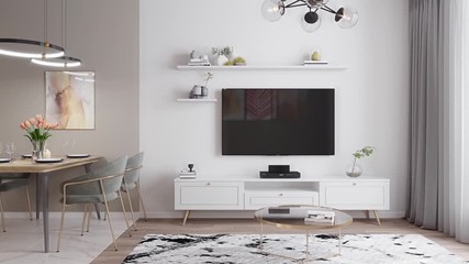 3d render. Slow camera flying on the interior in a modern style