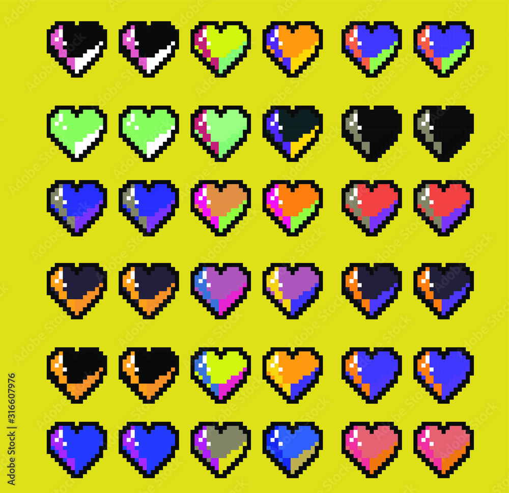 Poster Pattern made of pixelated hearts like in old 8-bit arcade video game. Vaporwave and retrowave style illustration for print design.