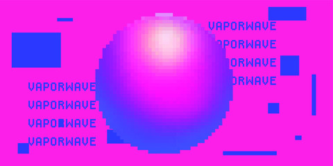 Abstract webpunk and vaporwave style illustration with pink neon sphere on pixelated glitched background.