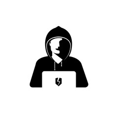 Hacker, vector illustration, icon, emblem. Hidden, hooded, masked man hacks into computer's security system