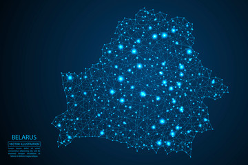 Obraz premium A map of Belarus consisting of 3D triangles, lines, points, and connections. Vector illustration of the EPS 10.