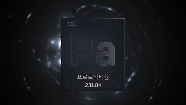 Protactinium as Element 91 of the Periodic Table. Seamlessly looping 3D animation on silver illuminated atom design background orbiting electrons name, atomic weight element number in Korean language