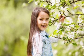 Naklejka premium Beautiful girl in flowering Apple trees. Long hair