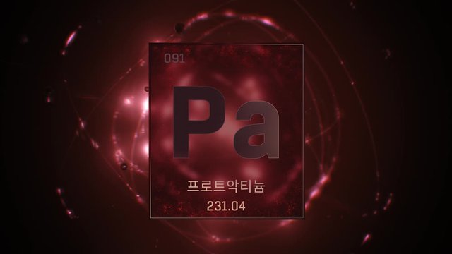 Protactinium as Element 91 of the Periodic Table. Seamlessly looping 3D animation on red illuminated atom design background orbiting electrons name, atomic weight element number in Korean language