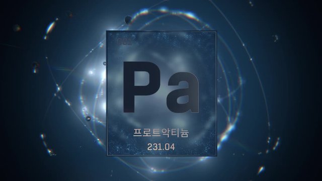 Protactinium as Element 91 of the Periodic Table. Seamlessly looping 3D animation on blue illuminated atom design background orbiting electrons name, atomic weight element number in Korean language