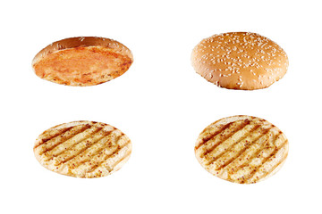 Set of burger bun empty isolated. American food classic burger round bread isolated at white background. Roasted toasted burger top without fillings flying, levitating at white.