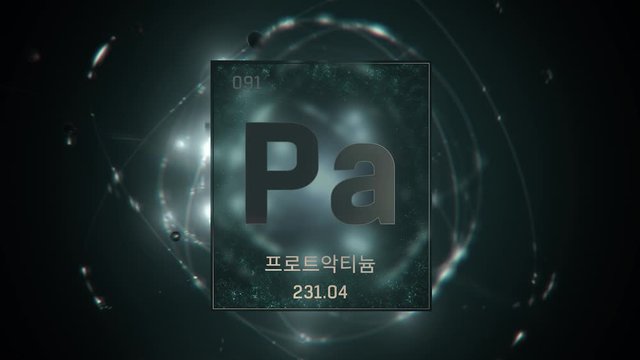 Protactinium as Element 91 of the Periodic Table. Seamlessly looping 3D animation on green illuminated atom design background orbiting electrons name, atomic weight element number in Korean language