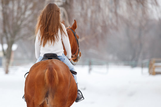 Young girl with long curly hair riding horse on winter field