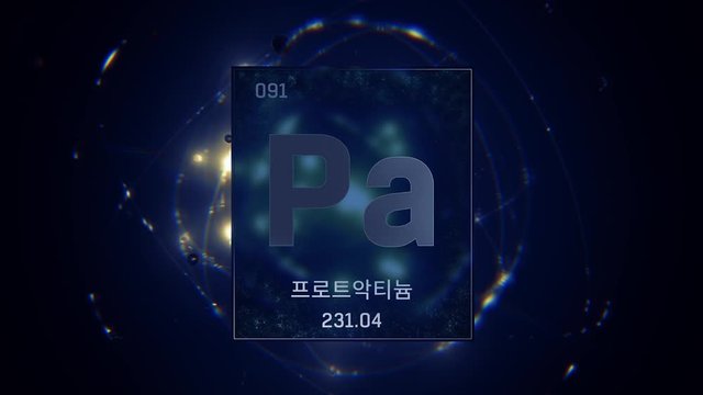 Protactinium as Element 91 of the Periodic Table. Seamlessly looping 3D animation on blue illuminated atom design background orbiting electrons name, atomic weight element number in Korean language