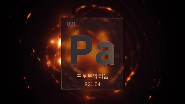 Protactinium as Element 91 of the Periodic Table. Seamlessly looping 3D animation on orange illuminated atom design background orbiting electrons name, atomic weight element number in Korean language