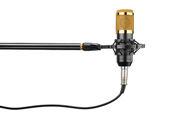 Golden studio condenser microphone isolated on white