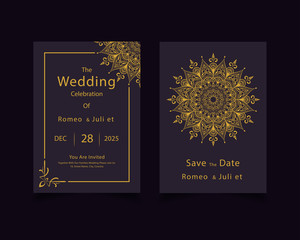 Save The Date invitation card design in henna tattoo style.Luxury mandala background with golden arabesque pattern arabic islamic east style Decorative mandala for print, poster, cover, brochure, flye