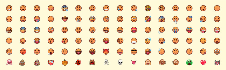 Face emojis, All emojis vector set. All face emoticons, smileys vector icons illustrations collection	