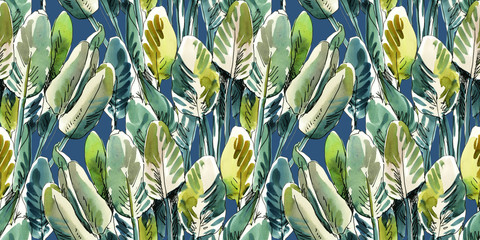 tropical leaves seamless pattern, illustration on dark blue background
