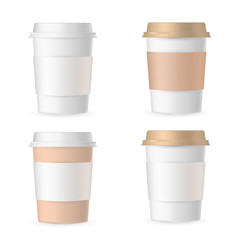 Realistic 3d disposable coffee cup set isolated on white background, hot morning beverage paper or plastic containers with light and brown lids, cardboard hand protector for advertisement mock ups.