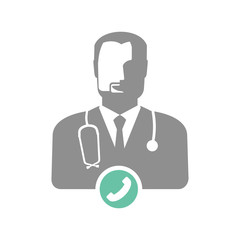 Doctor icon with phone symbol, for contact on the line of consultation of specialist doctor, avatar, icon. Vector illustration