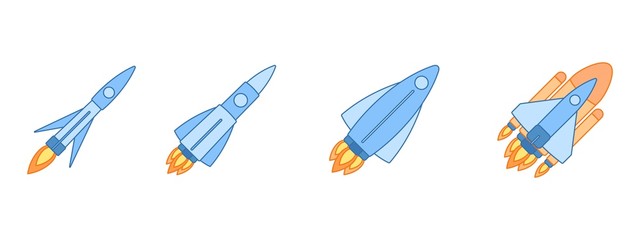 Fototapeta premium Set of space rockets. Easy, middle, heavy rockets and space shuttle. Side view collection of flying rockets. Flat style vector illustration isolated on white background
