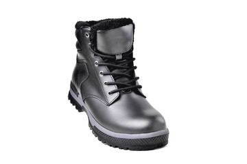 Winter male black leather boot on a white background, hiking shoes, practical off-road shoes, close-up