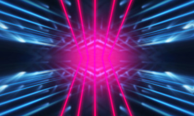 Dark neon background with lines and rays. Blue and pink neon. Abstract futuristic background. Night scene with neon, light reflection.