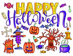 Set of Happy Halloween doodle. Lettering. Vector stock illustration.