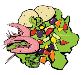 Shrimp with vegetables on lettuce leaves. Pop art. Retro style. Vector illustration