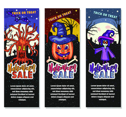 Set of three Halloween Sale banner. Vector stock illustration.
