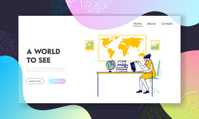 Traveling Service Website Landing Page. Woman Agent in Travel Agency Sitting at Table Looking in Computer Hot Tour for Proposal to Clients Web Page Banner. Cartoon Flat Vector Illustration, Line Art