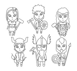 Outline Cartoon vikings on white background. Vector stock illustration. Set of little warriors, children with arms
