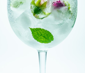 Close up view of wine glass with frozen flowers in ice isolated on white