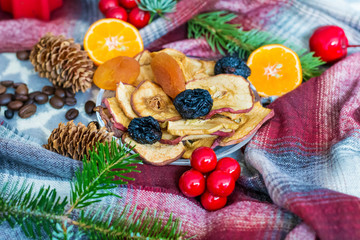 Christmas Card with Dried Fruits and Pine Branches .Christmas Background Concept with Dates