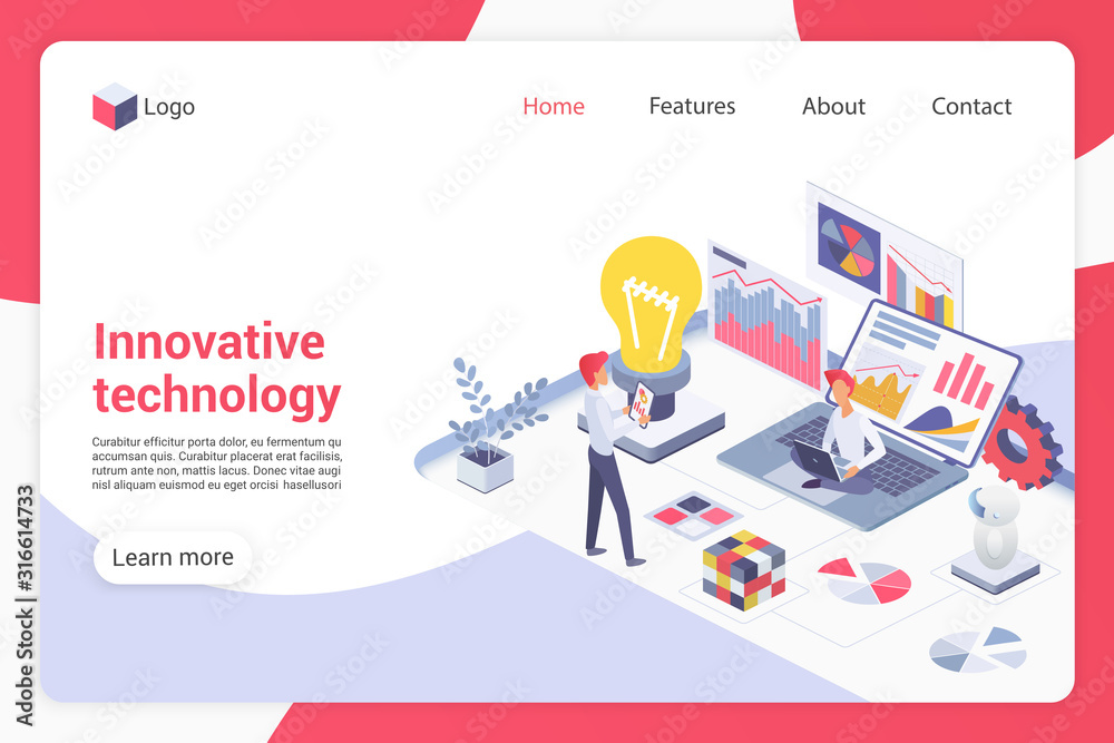 Poster Innovative technology isometric landing page vector template. Male programmers faceless characters. Programming, software development, technological breakthrough web banner homepage design layout