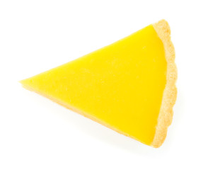 Slice of tasty lemon pie on white background