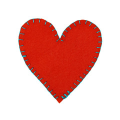 One red felt stitched heart isolated on white