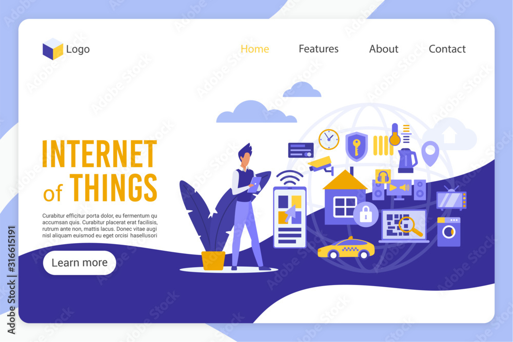 Poster Internet of things landing page vector template. Male programmer, software developer faceless character. Innovative technology, smart city, high tech web banner homepage design layout