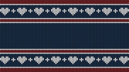 Knitted vector background for your lettering and text. Vector backdrop template for your design. Sweater style with hearts and geometric ornaments. Blue, red and white color.