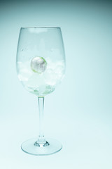 Clear wine glass with flower in ice cube and water on white background
