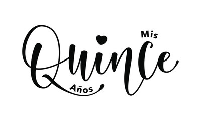 Miss Quince. Lettering for Quinceanera party. Teenager girl birthday celebration calligraphy. Black text isolated on white background. Vector stock illustration. 